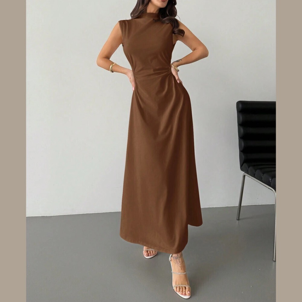Brown Ruched Waist Stand Collar Sleeveless A-Line Maxi Dress